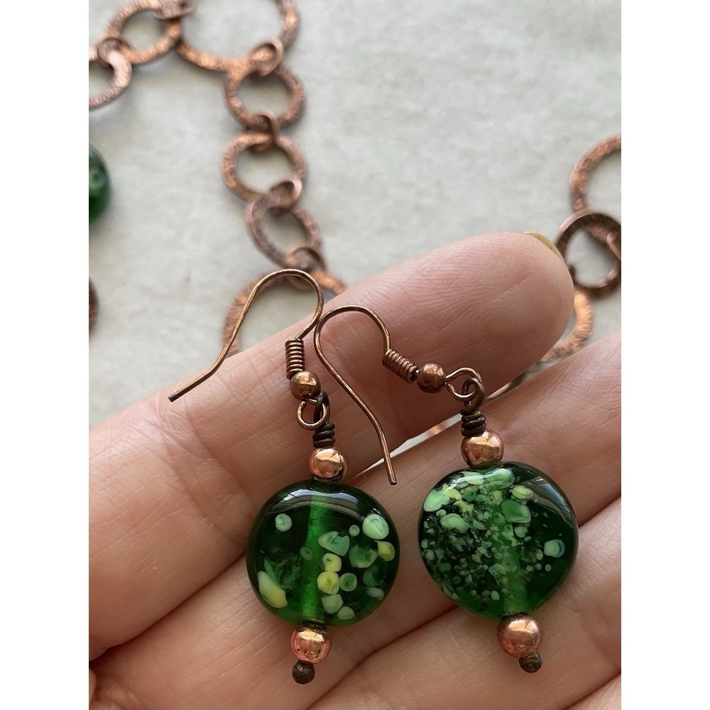 artisan copper and green glass jewelry set Earrings + Necklace Vintage Estate - Picture 2 of 8